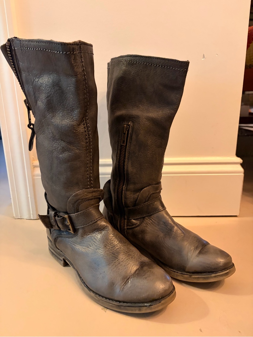 Bed Stu Grey Leather Mid-Calf Moto Boots with Buckle Accent